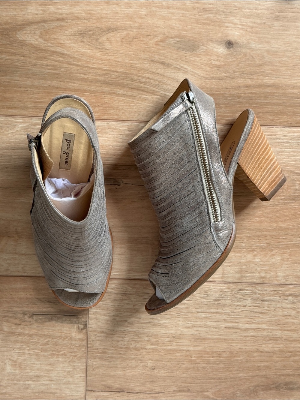 Paul Green Cayanne Smoked Brushed Taupe Suede Open-Toe Stacked Heeled Booties